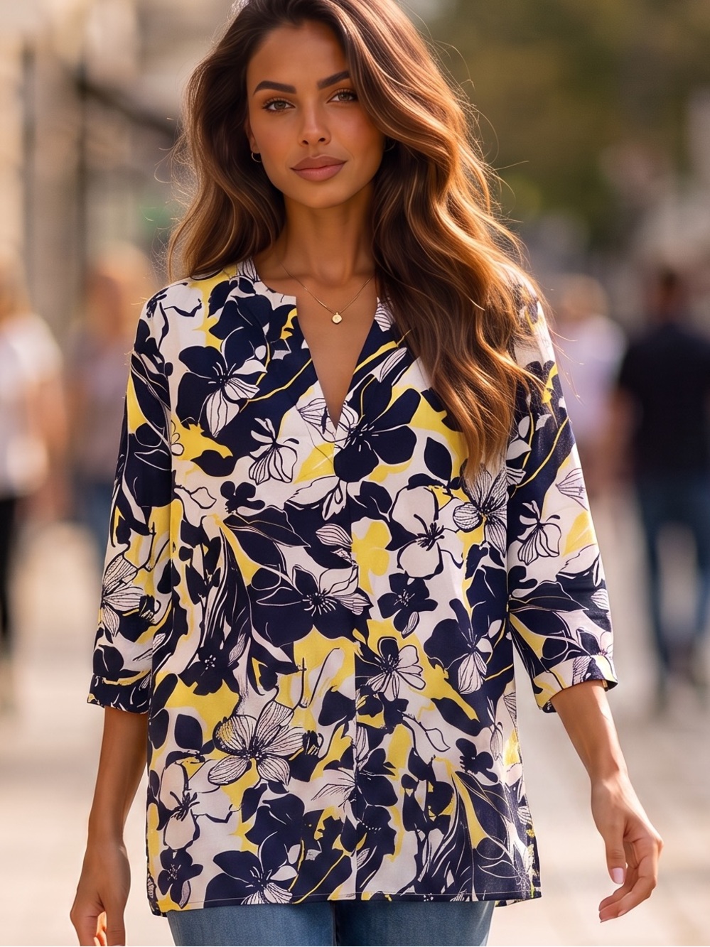 Chaps Navy, Yellow & White Floral V-Neck Tunic Blouse